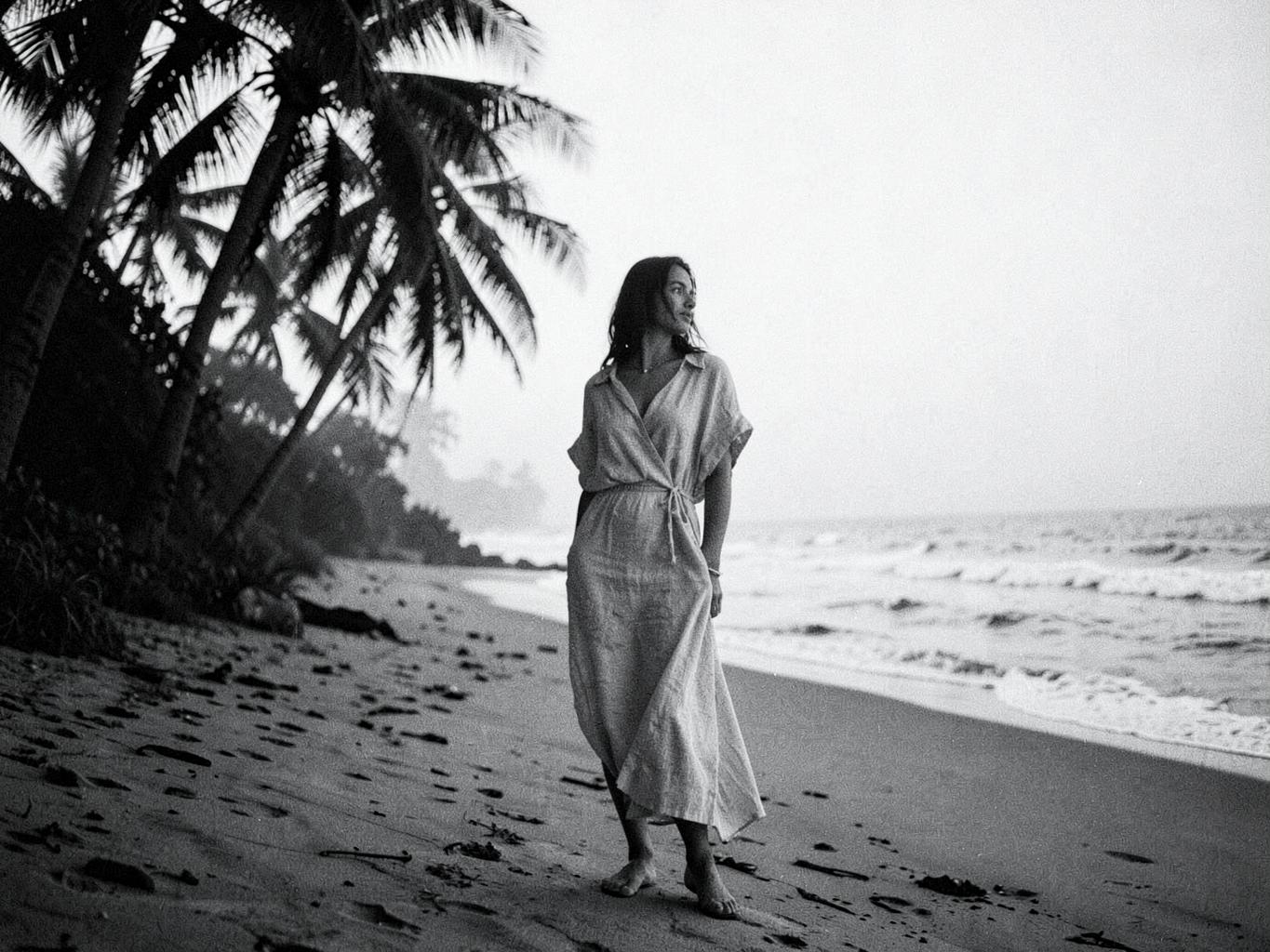 Mujer con vestido de lino caminando por una playa con palmeras