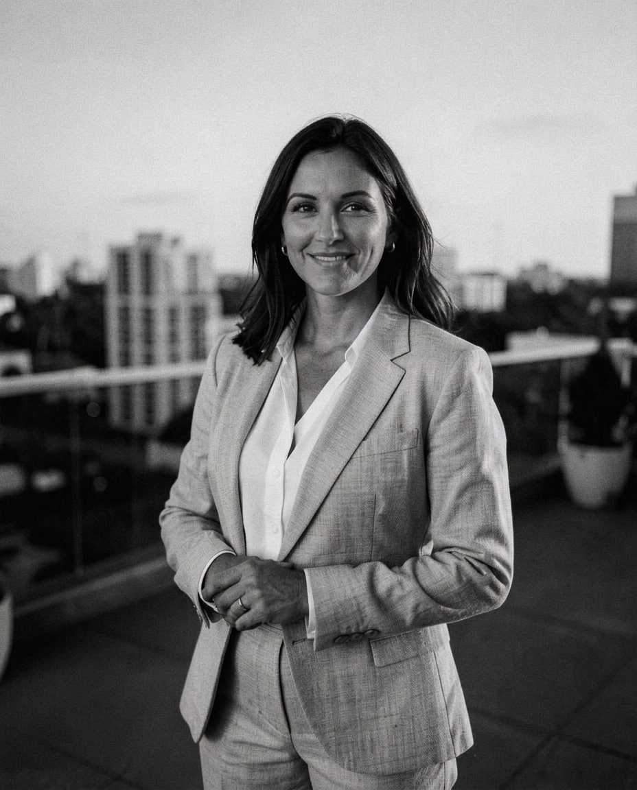 Retrato corporativo de una CEO con traje de lino en una terraza de Miami