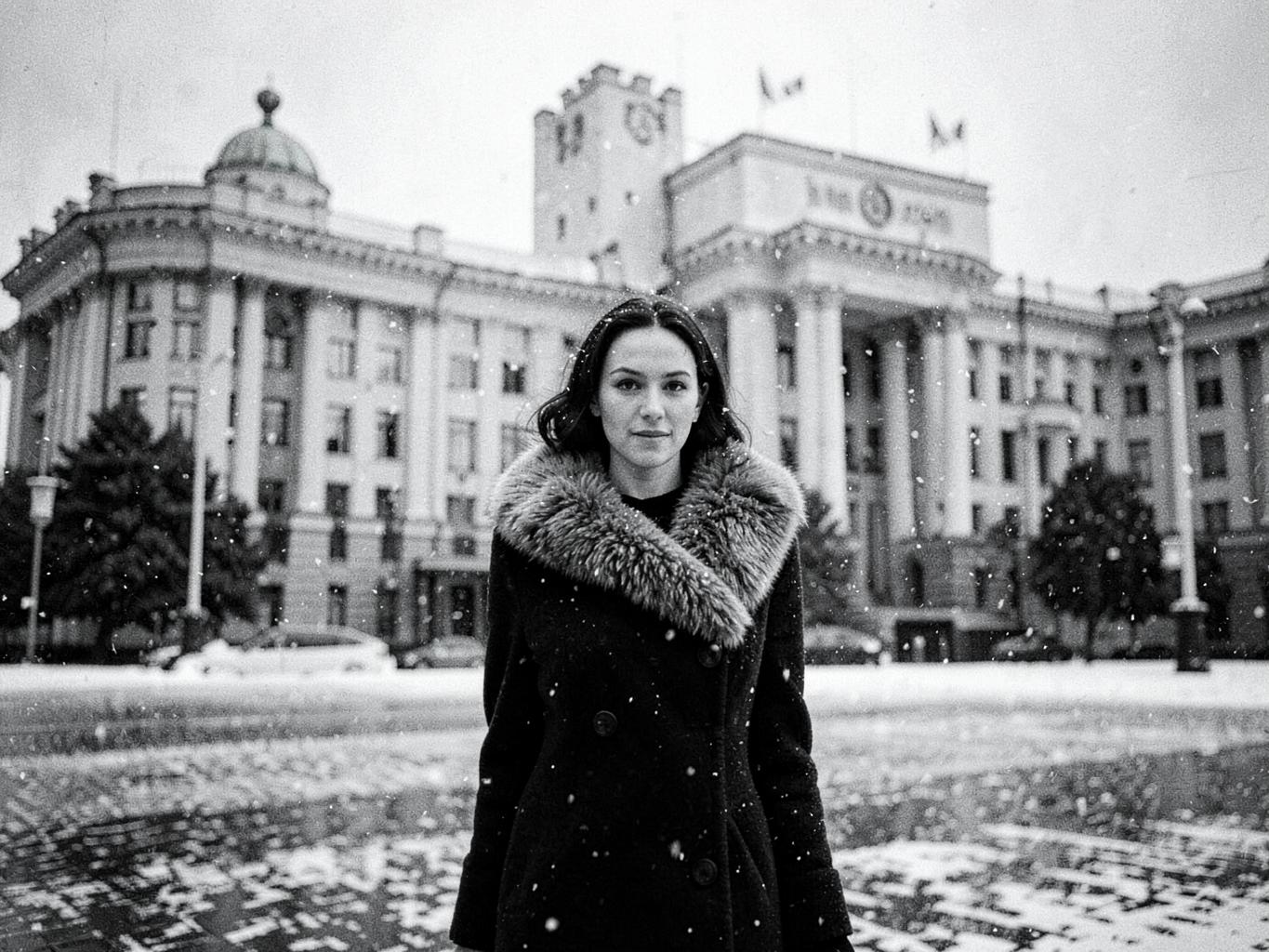 Mujer con abrigo de cuello de piel bajo la nieve frente a arquitectura monumental