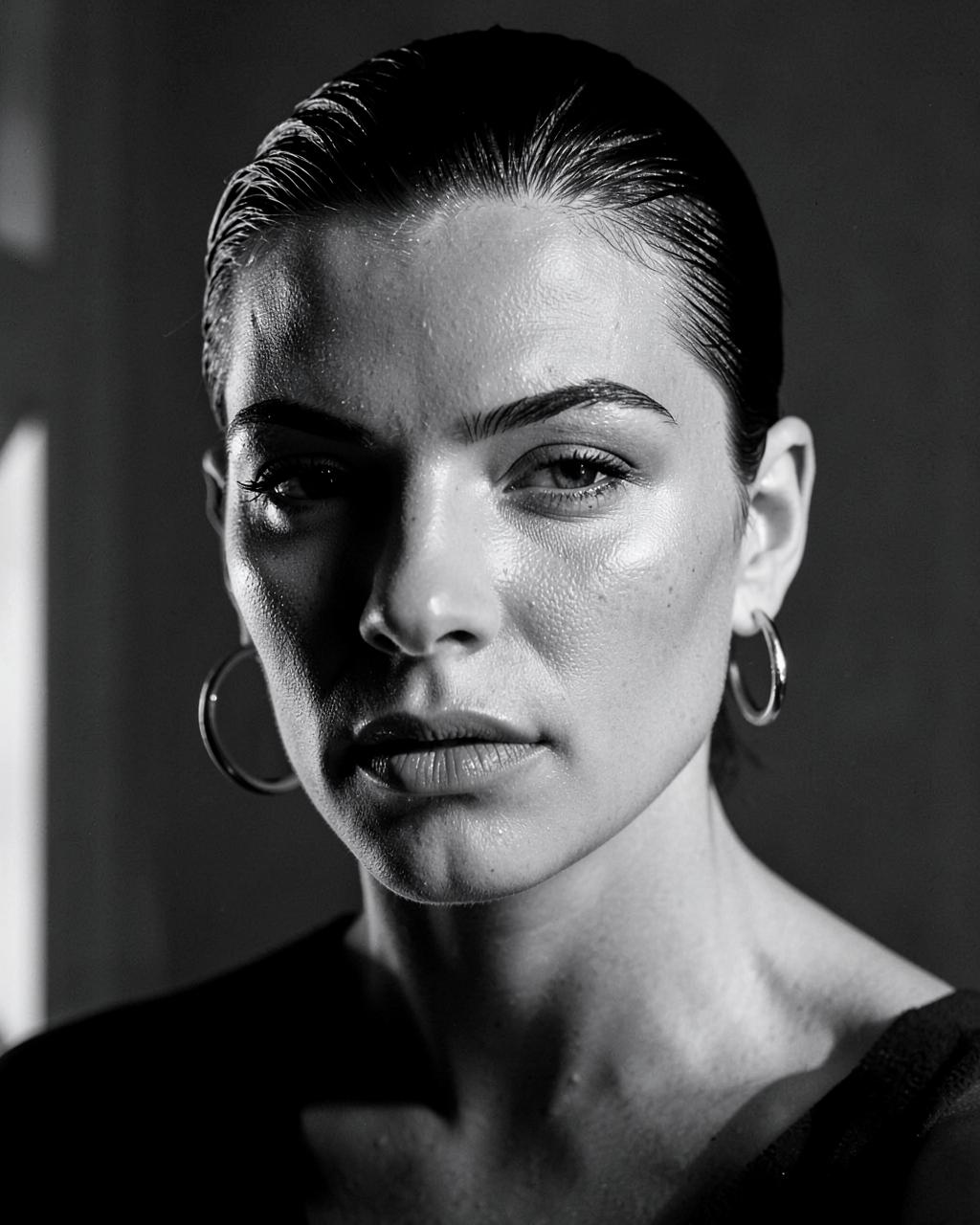 Retrato en blanco y negro de una mujer con pelo peinado hacia atrás y aros