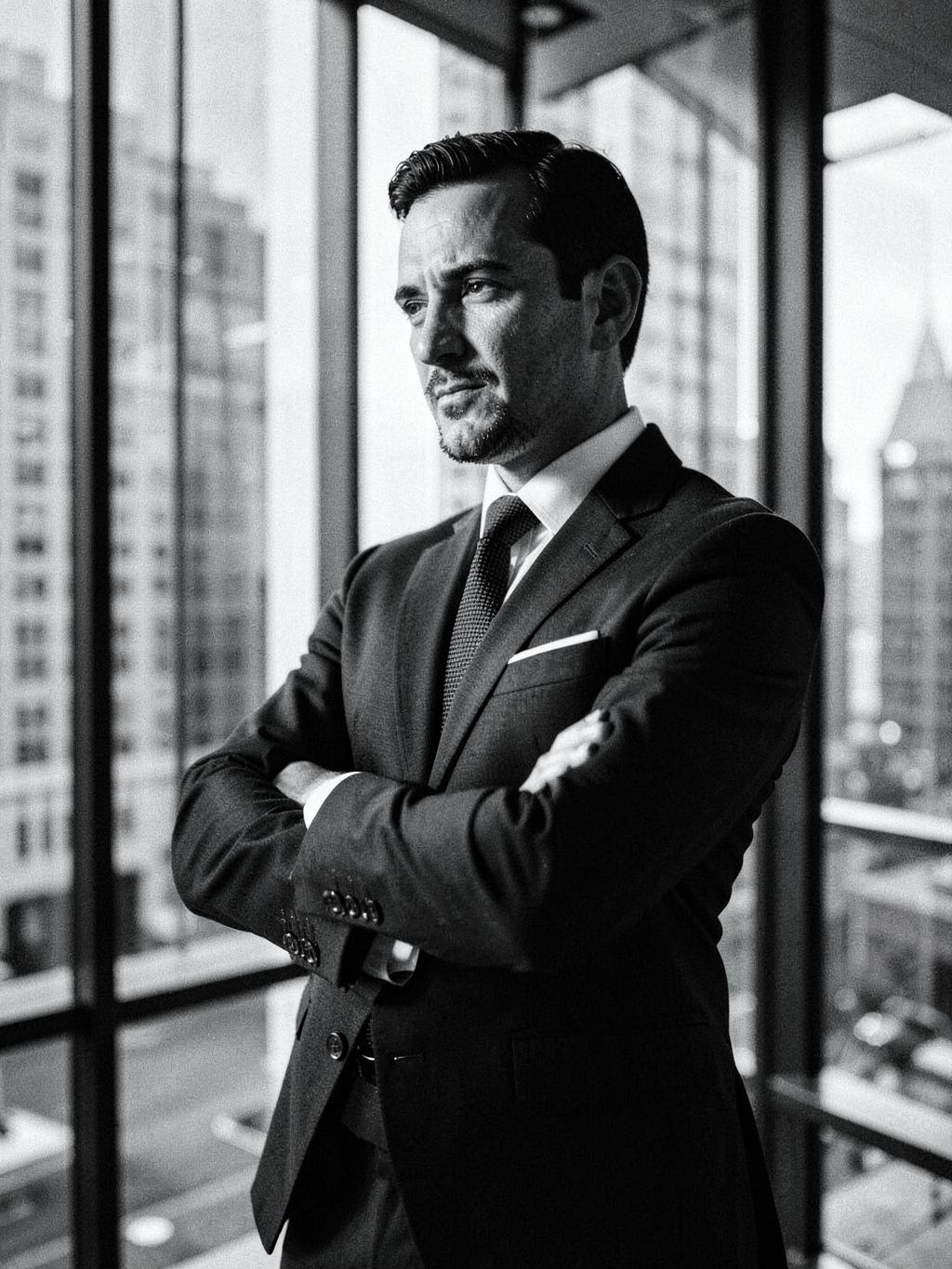 Retrato corporativo en blanco y negro de un CEO en una oficina de Nueva York